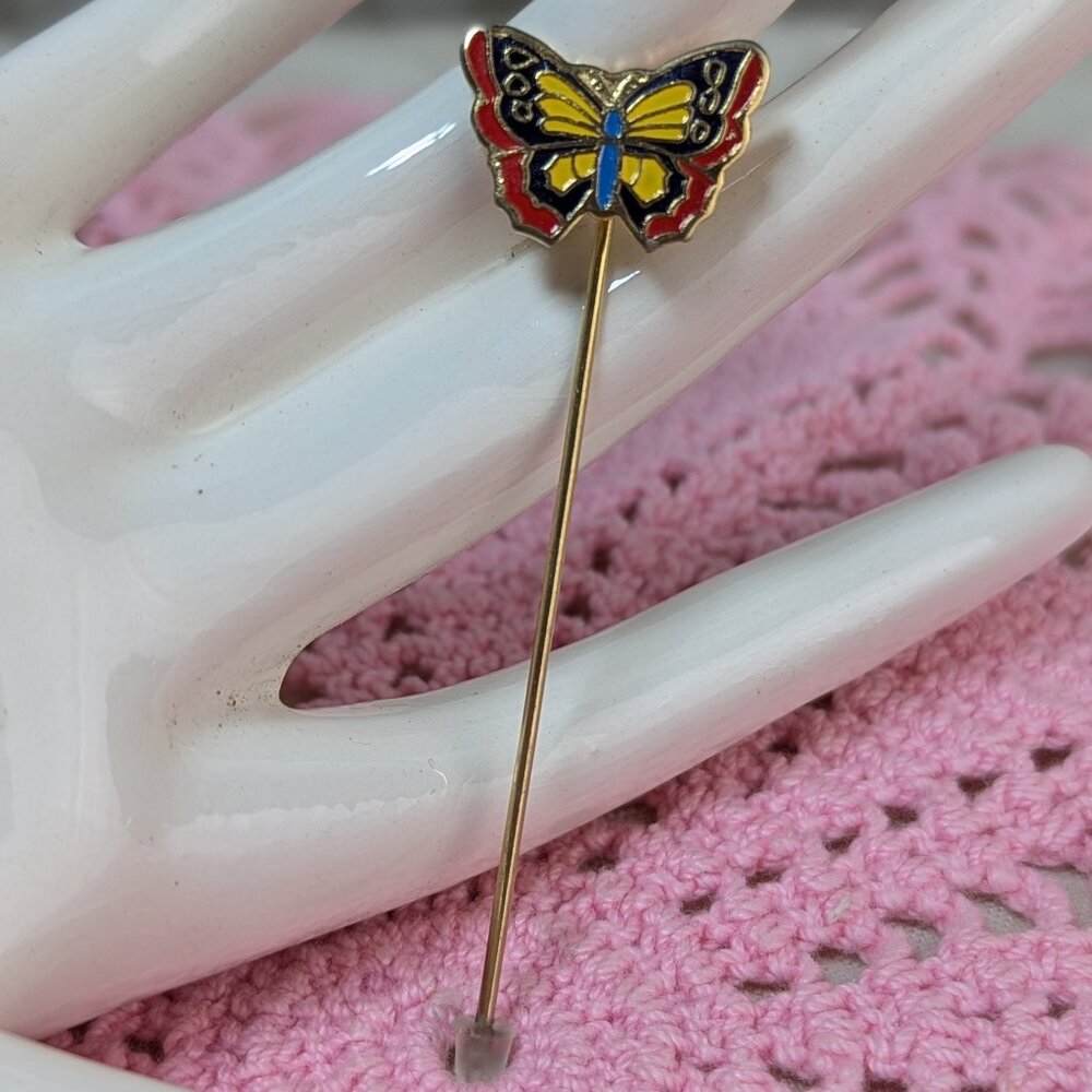 Vintage Butterfly Stick Pin Stickpin Enamel Metal red purple blue yellow